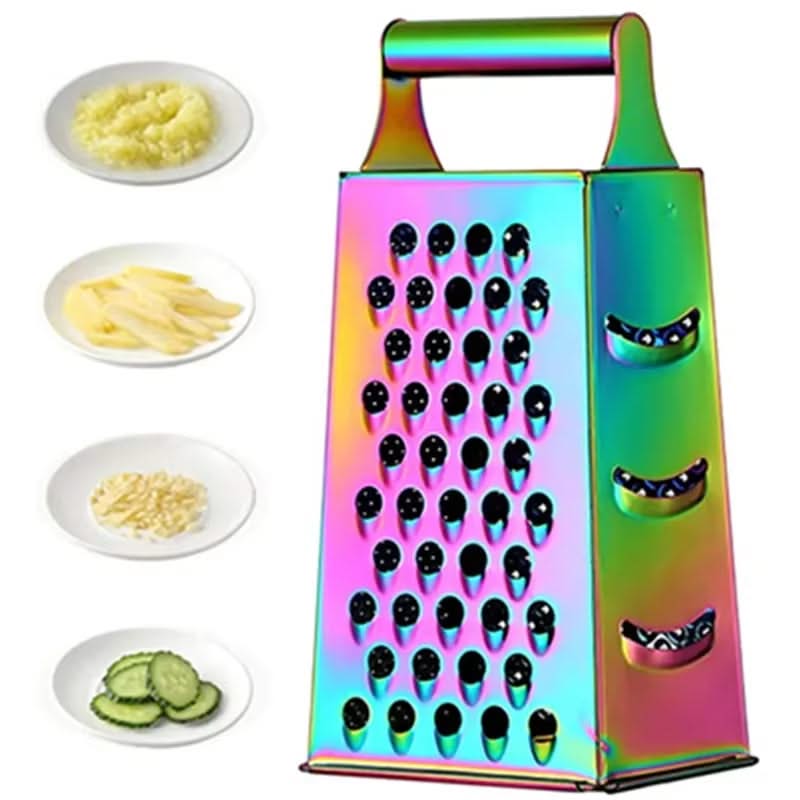 4-Sided Rectangular Stainless Steel Kitchen Grater & Zester with Handle – Versatile Food Shredder for Cheese, Potatoes, Vegetables, and More (Available in Gold, , Rose Gold, Rainbow, Silver and Wooden Handle)