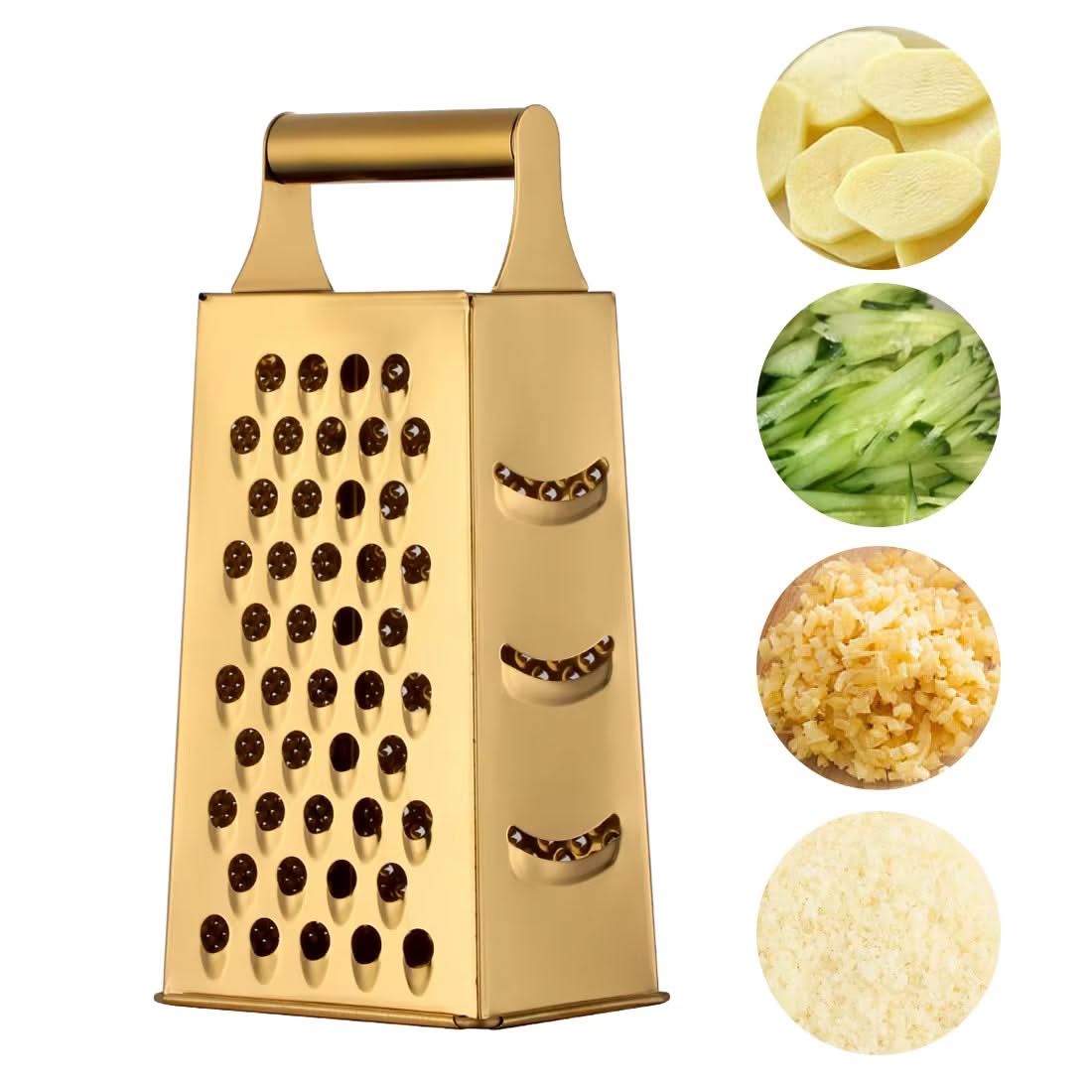 4-Sided Rectangular Stainless Steel Kitchen Grater & Zester with Handle – Versatile Food Shredder for Cheese, Potatoes, Vegetables, and More (Available in Gold, Orange, Rose Gold, Rainbow, Champagne Gold and Silver)