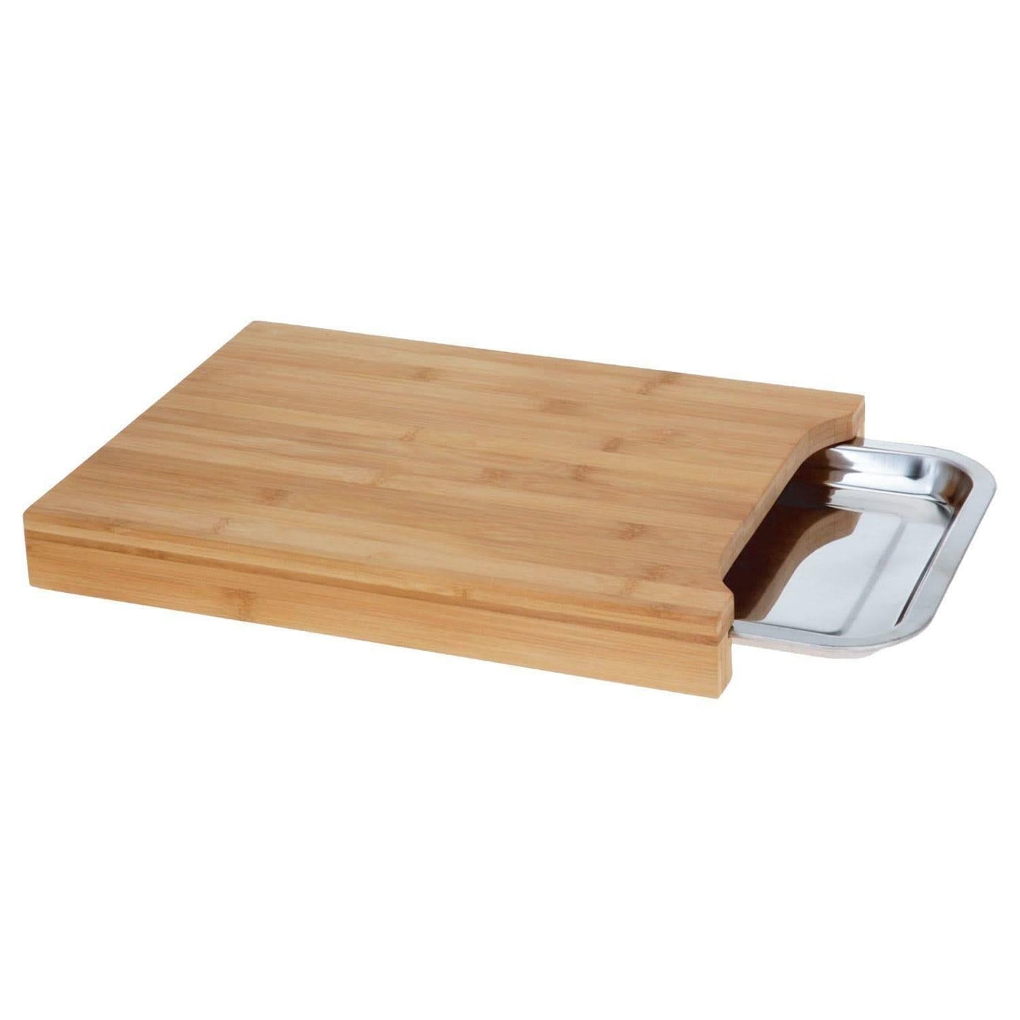 Wooden Bamboo Chopping Board with Sliding Stainless Steel Tray – Durable Cutting and Slicing Surface for Everyday Kitchen Use