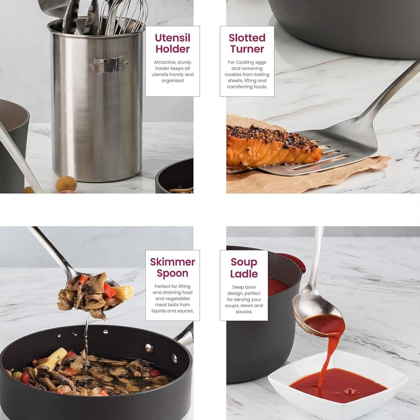 10-Piece Stainless Steel Utensil Collection – Premium Nonstick, Heat-Resistant Tools for Every Task: Turner, Ladle, Spaghetti Server, Tongs, Serving Spoons, Whisk, Potato Masher & Handy Holder Organizer