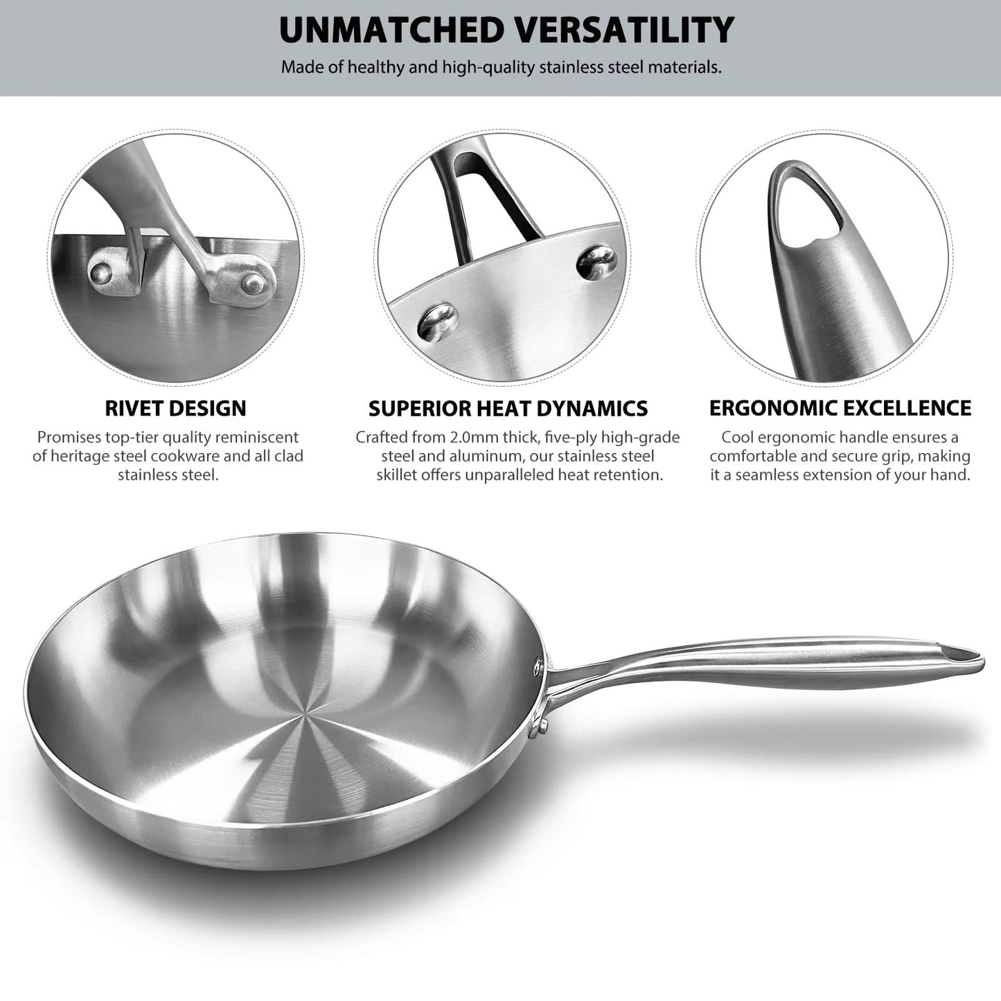 Stainless Steel Non-Stick Frying Pan – Uncoated Kitchen Cookware, Ideal for Searing Steaks and Versatile Cooking on Gas and Induction Cooktops