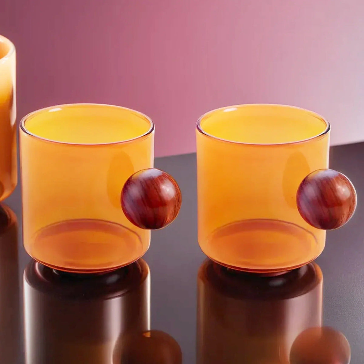 Borosilicate Glass Coffee Mug with Wooden Handle Set of 2 (120 ml), Amber