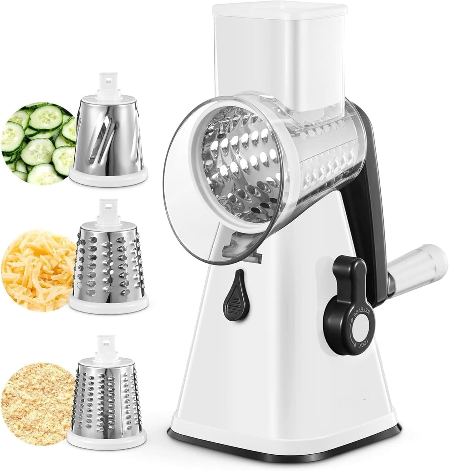 3 in 1 Rotary Cheese Grater – Multifunctional Slicer and Shredder with Easy-to-Swap Stainless Steel Interchangeable Rotating Drum Blades for Effortless Kitchen Prep Tool