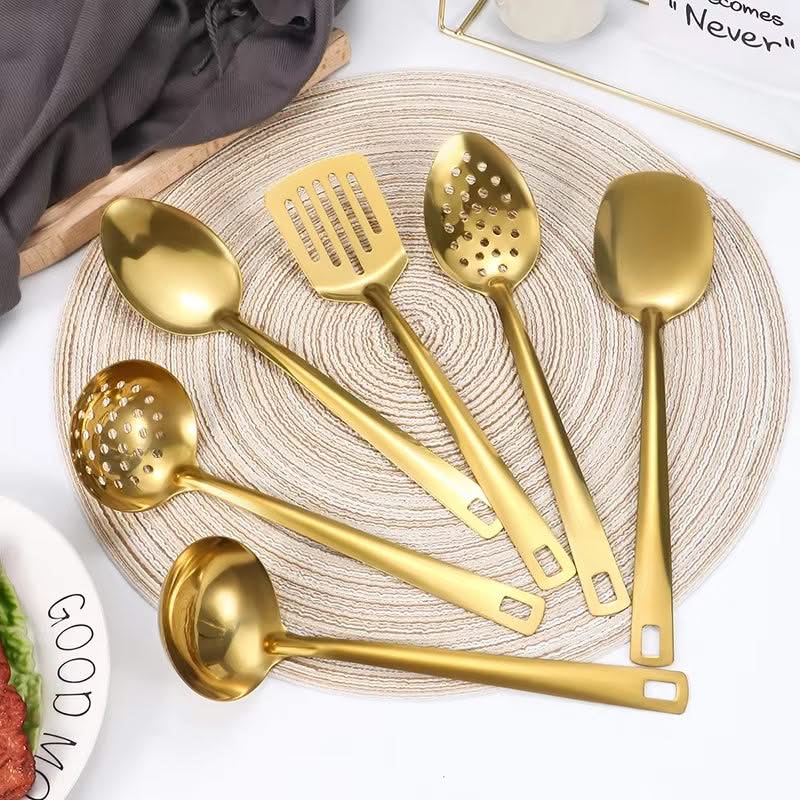 6-Piece Stainless Steel Dinnerware Set – Home Creative Cutlery with Golden Spoons and Hot Pot Cutlery, Perfect Kitchenware Set