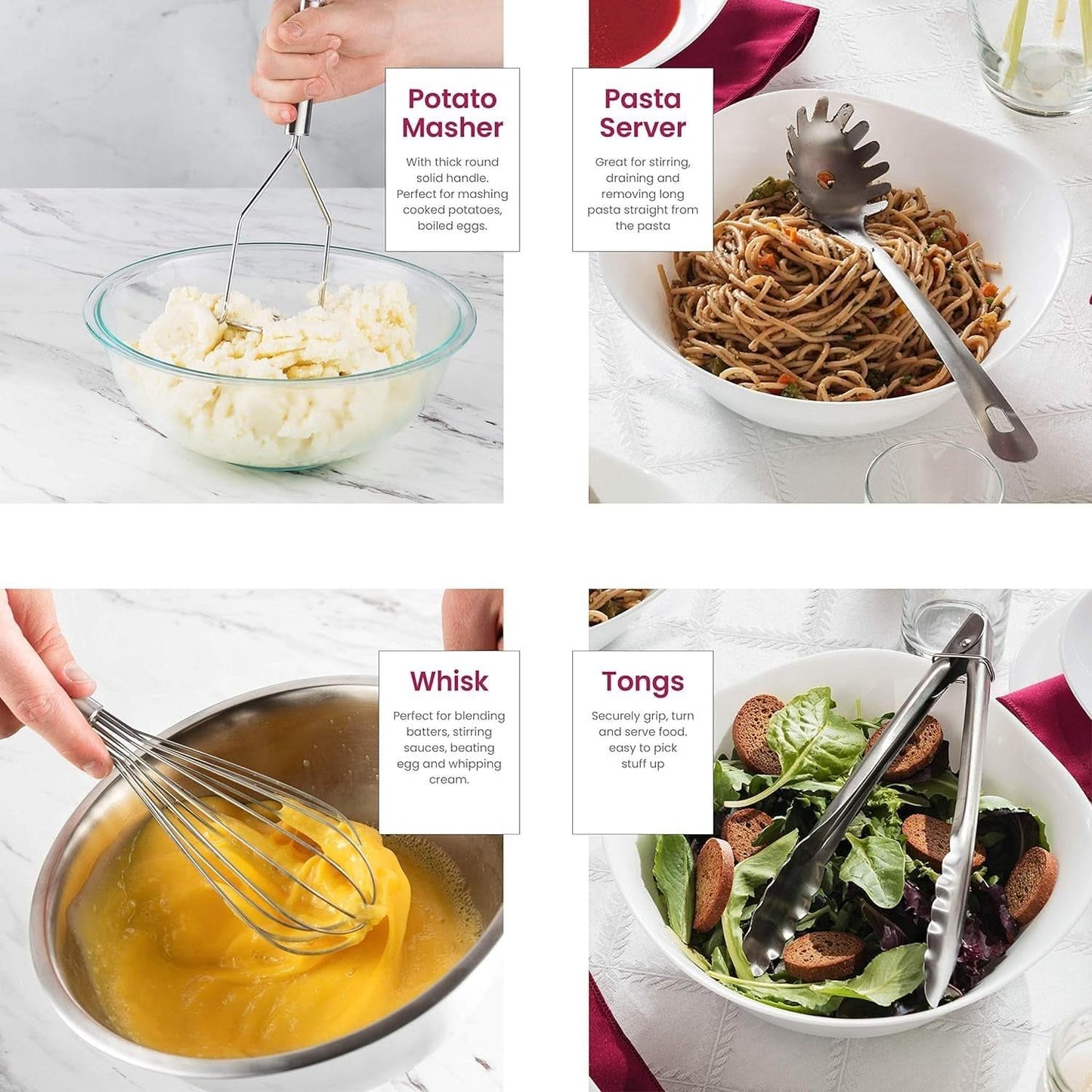 10-Piece Stainless Steel Utensil Collection – Premium Nonstick, Heat-Resistant Tools for Every Task: Turner, Ladle, Spaghetti Server, Tongs, Serving Spoons, Whisk, Potato Masher & Handy Holder Organizer