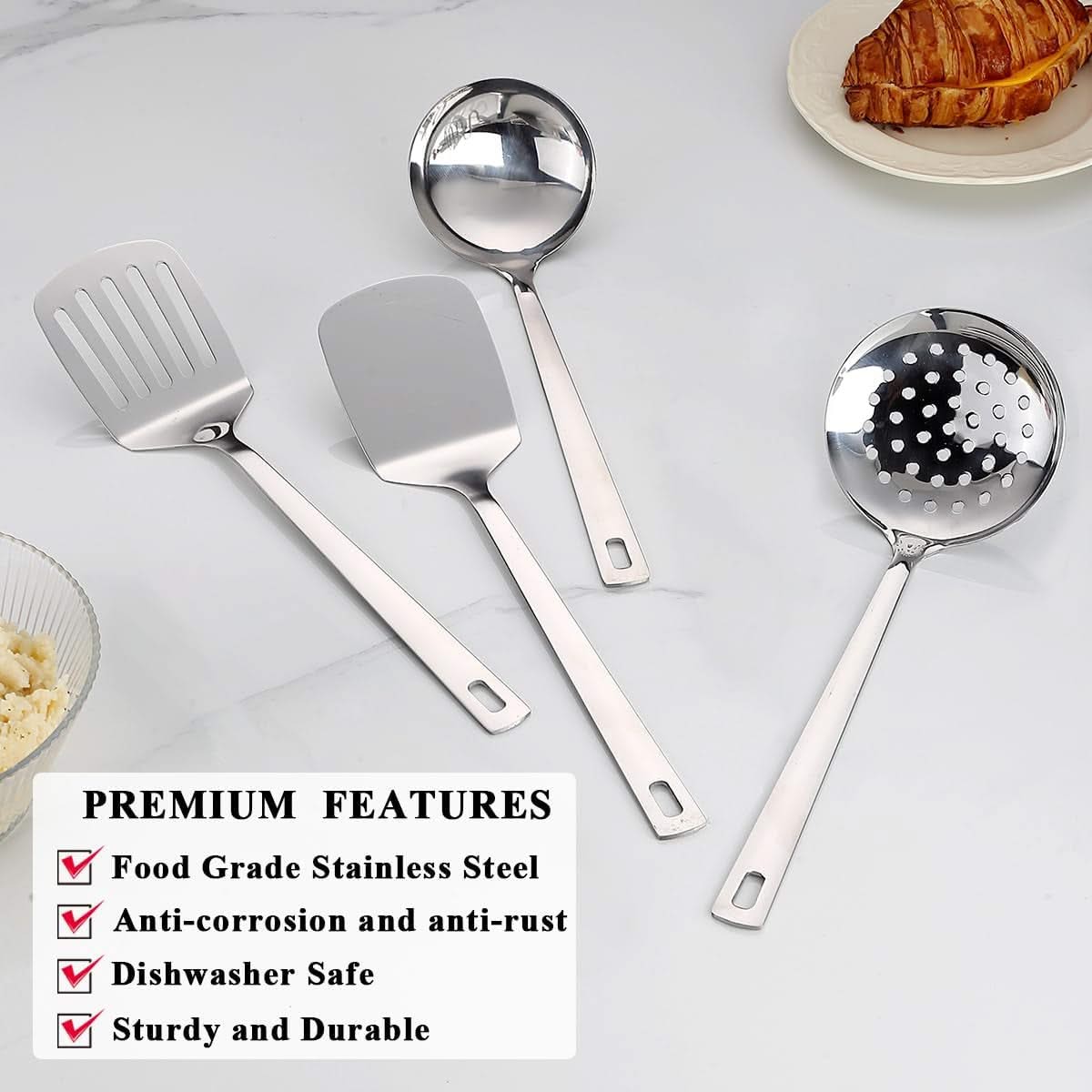 4-Piece Stainless Steel Kitchen Utensils Set – Includes Metal Spatula, Kitchen Skimmer, Soup Ladle, and Essential Cooking Tools