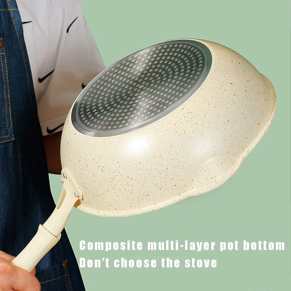 Non-Stick Deep Wok Frying Pan – 28cm Beige Aluminum, Durable for Gas and Induction Stoves, Perfect for Multiple Cooking Styles.