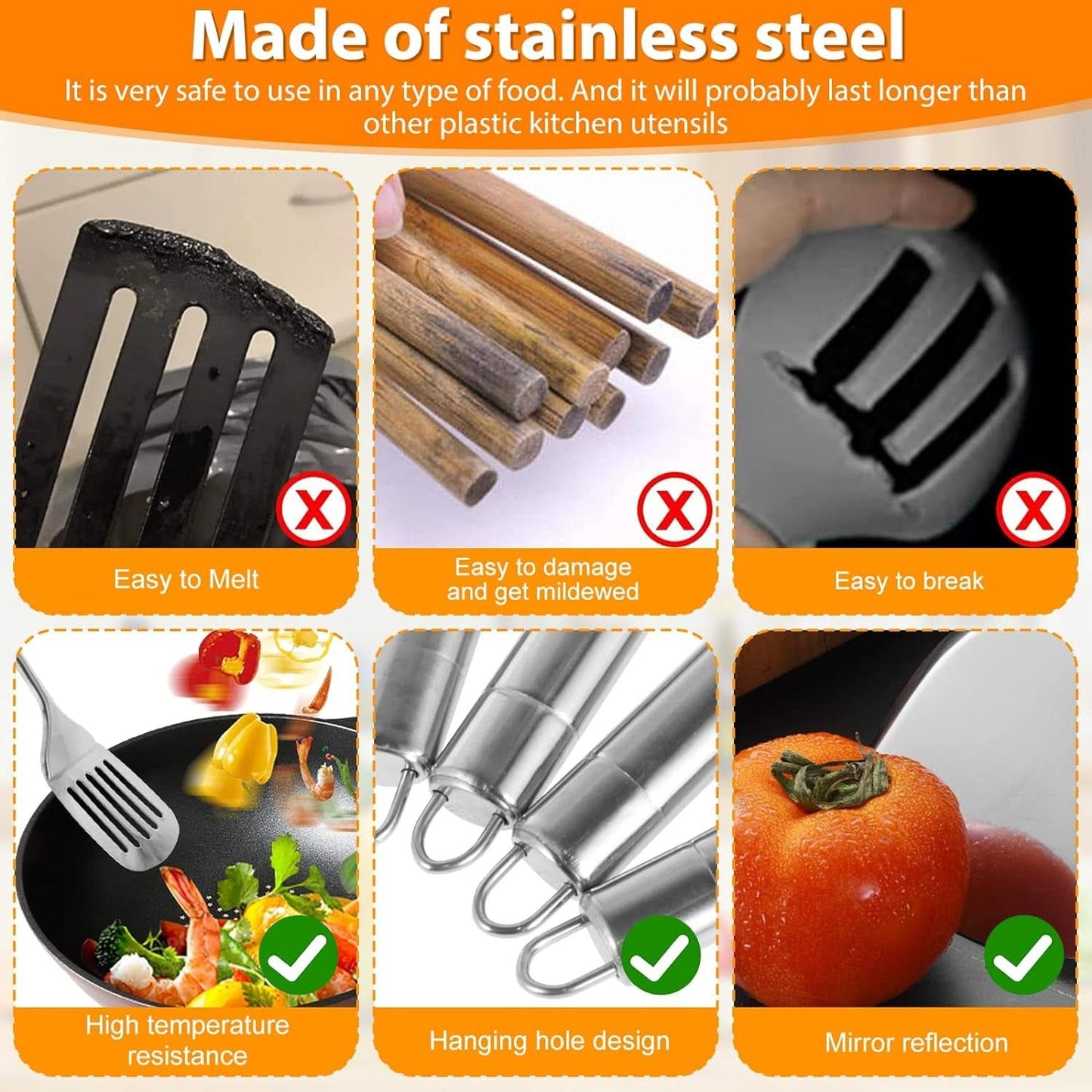 5-Piece Stainless Steel Kitchen Utensils Set – Heat-Resistant Spoons and Spatula with Hanging Hole, Non-Stick and Dishwasher Safe