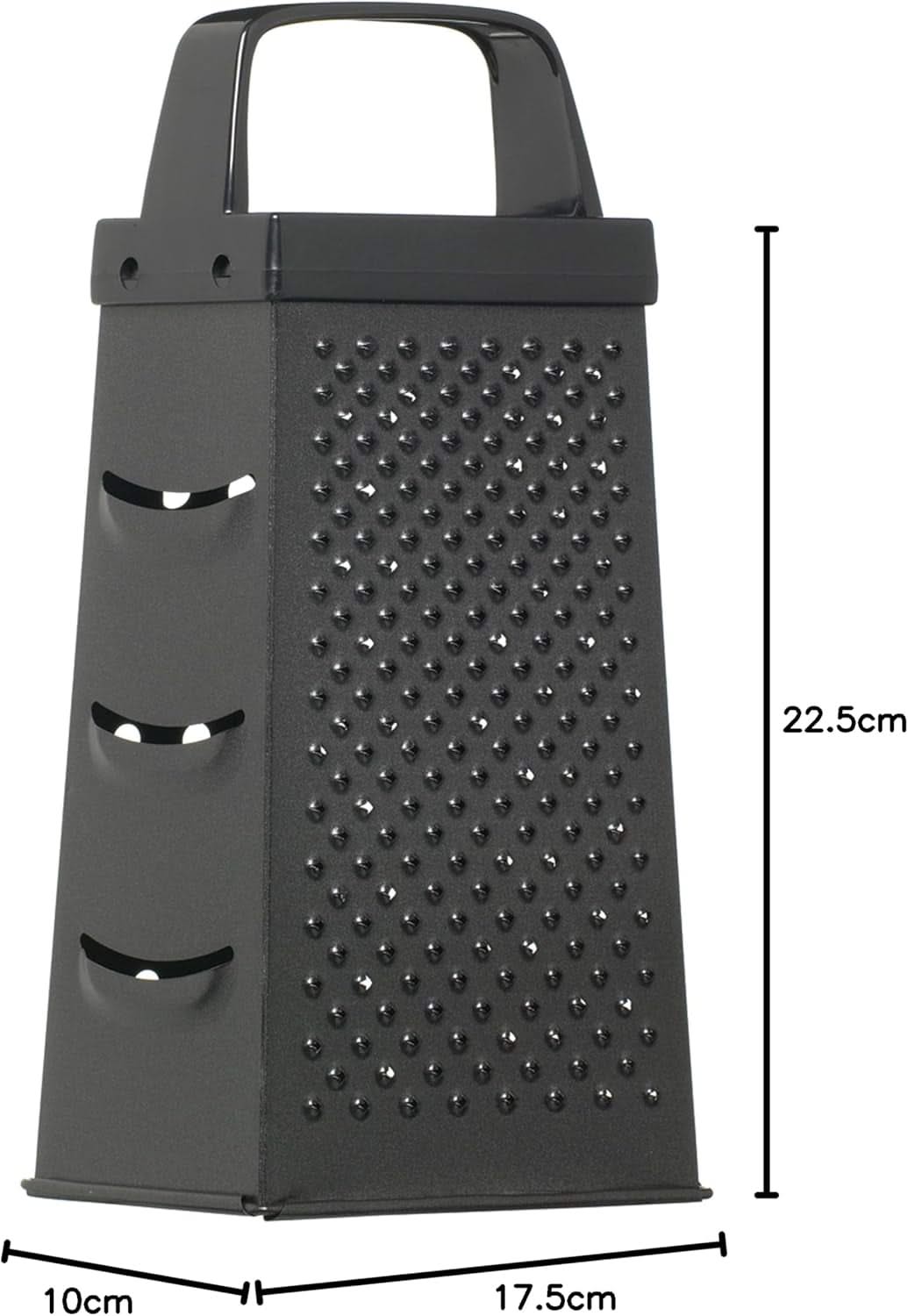 4-Sided Rectangular Stainless Steel Kitchen Grater & Zester with Handle—Versatile Food Shredder for Cheese, Potatoes, Vegetables, and More, Black, 22.5 X 17.5 X 10 Cm