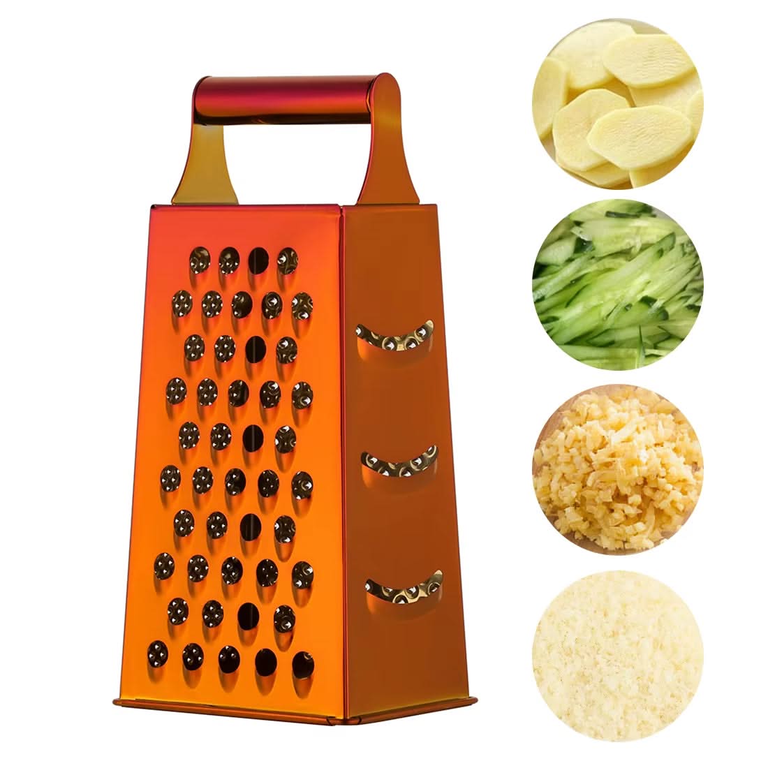 4-Sided Rectangular Stainless Steel Kitchen Grater & Zester with Handle – Versatile Food Shredder for Cheese, Potatoes, Vegetables, and More (Available in Gold, Orange, Rose Gold, Rainbow, Champagne Gold and Silver)