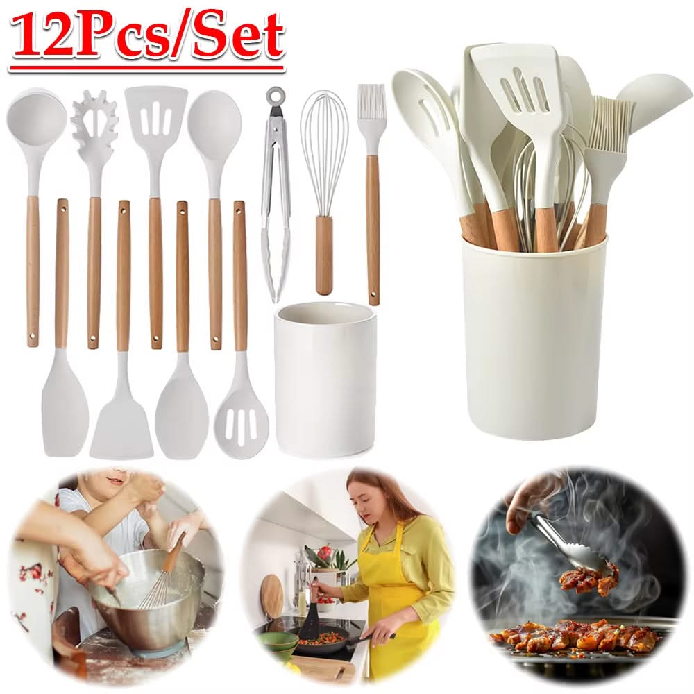 12-Piece Silicone Kitchen Utensils Set – Heat-Resistant Cooking Tools with Wooden Handles, Includes Non-Stick Spatulas, Spoons, Whisk, and Spoons for Everyday Use