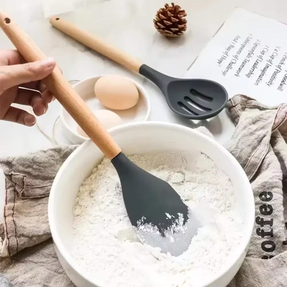 12-Piece Silicone Kitchen Utensils Set – Heat-Resistant Cooking Tools with Wooden Handles, Includes Non-Stick Spatulas, Spoons, Whisk, and Spoons for Everyday Use