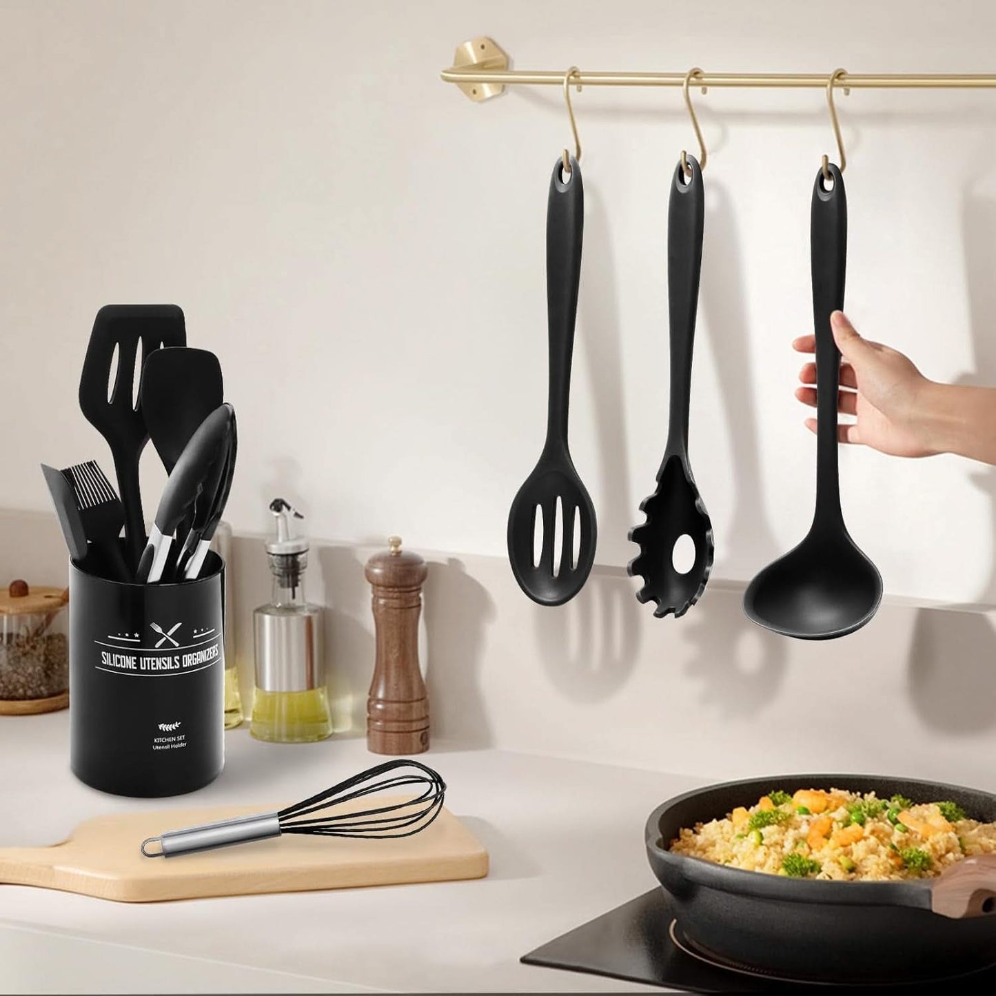 12-Piece Silicone Kitchen Utensils Set – Heat-Resistant Includes Holder, BPA-Free Non-Stick Spatulas and Tools, Perfect for Everyday Cooking (Black)