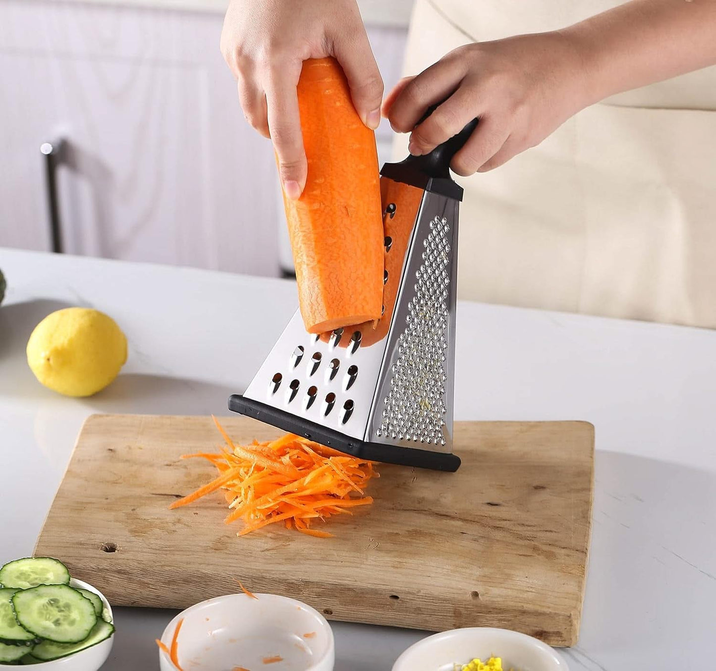 Multifunctional Stainless Steel 4-Sided Pyramid Kitchen Grater with Non-Slip Base and Ergonomic Handle – Ideal for Grating, Slicing, and Zesting Fruits, Vegetables, Cheese, and Garlic(Silver, Black)
