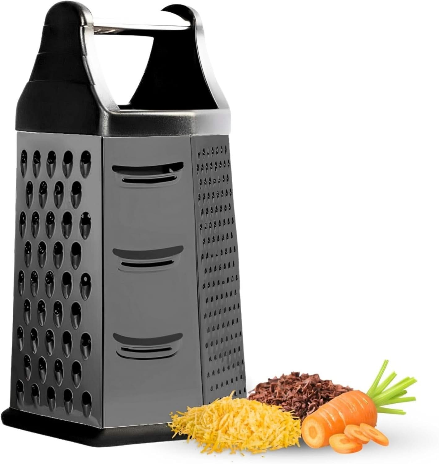 6-in-1 Stainless Steel Box Grater with Handle – Multipurpose All-in-One Shredder for Cheese, Vegetables, and More, Ideal for Grating, Slicing, and Zesting(Black)
