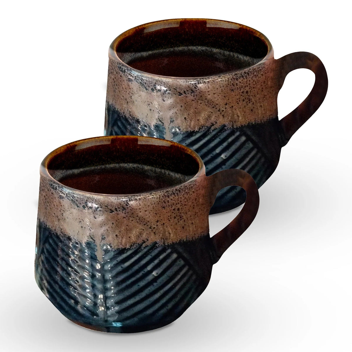 Ceramic Tea Coffee Cup 320 ml x 2 Microwave Safe Glossy Finish Brown Black Mug Set Pack of 2