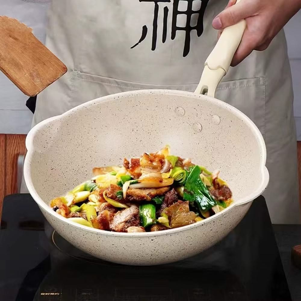 Non-Stick Deep Wok Frying Pan – 24cm Beige Aluminum, Durable for Gas and Induction Stoves, Perfect for Multiple Cooking Styles.