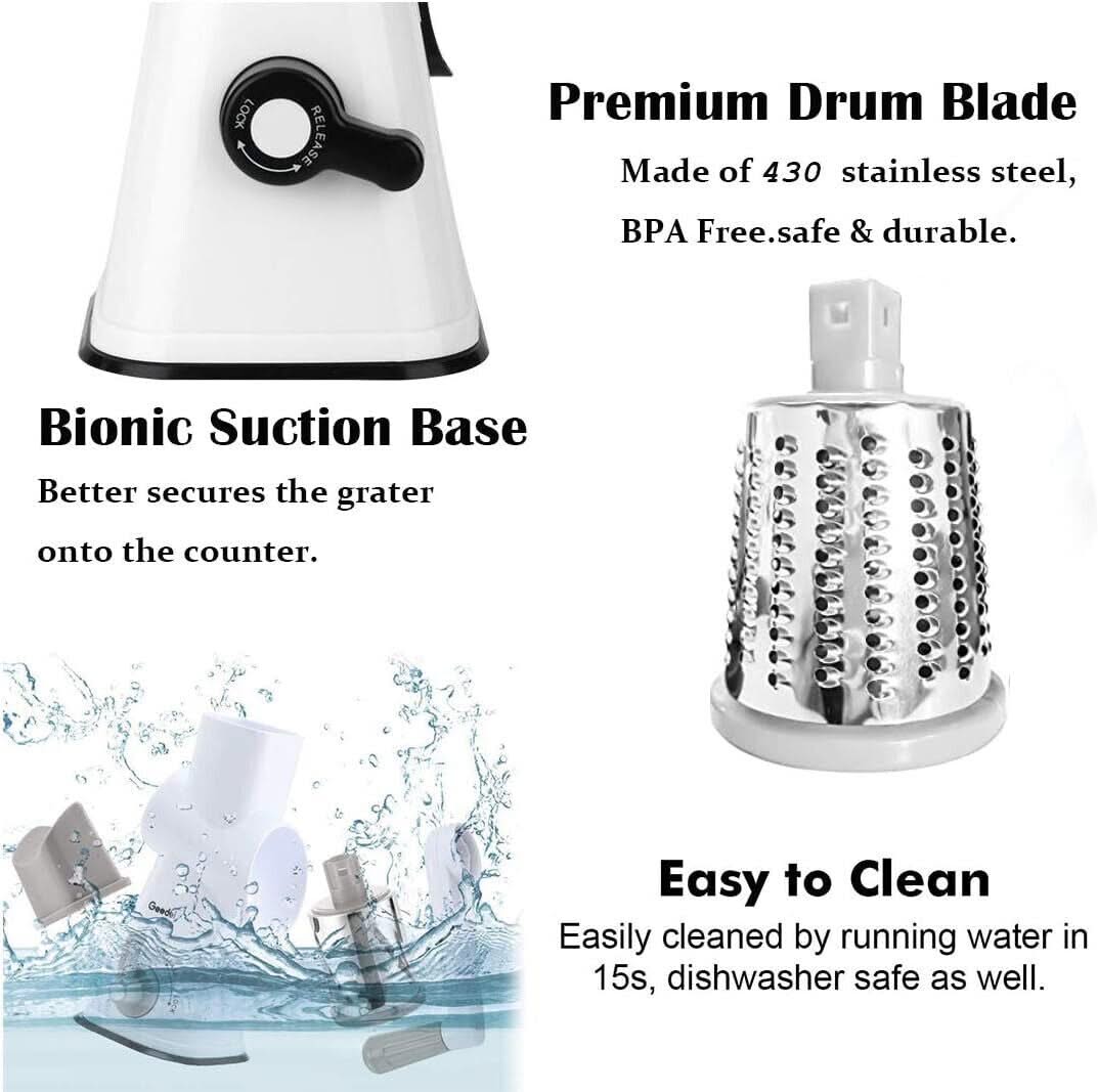 3 in 1 Rotary Cheese Grater – Multifunctional Slicer and Shredder with Easy-to-Swap Stainless Steel Interchangeable Rotating Drum Blades for Effortless Kitchen Prep Tool