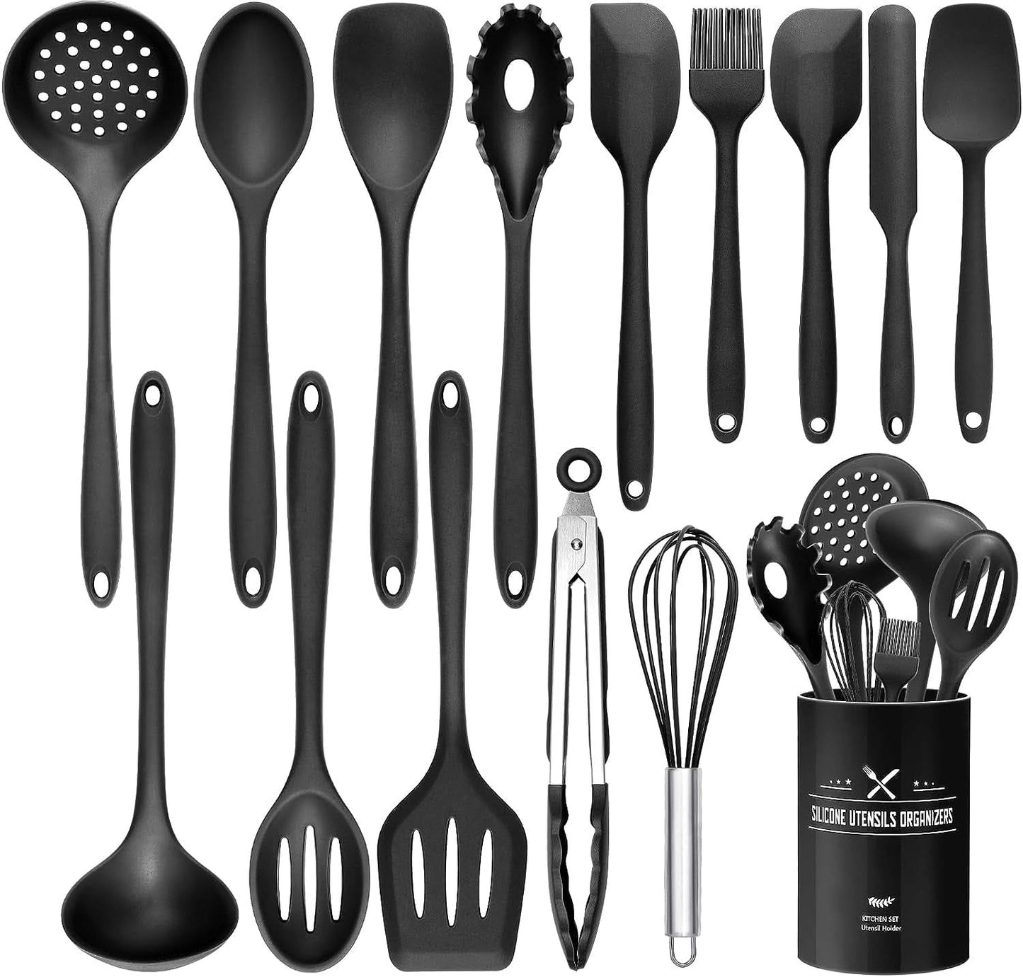15-Piece Silicone Kitchen Utensils Set – Heat-Resistant Spatulas, Spoons, Turners, Brush, and Whisk, Perfect for Non-Stick Cookware (Black)