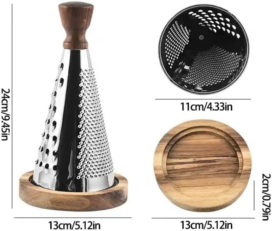 Multi-functional Stainless Steel Cone-Shaped Cheese Grater with Container and Wooden Handle – Perfect for Parmesan Cheese, Vegetables, and Fruits in a Vintage Style