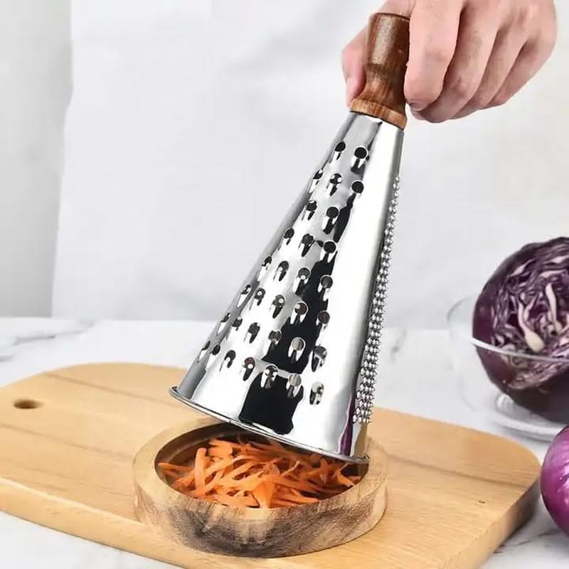 Multi-functional Stainless Steel Cone-Shaped Cheese Grater with Container and Wooden Handle – Perfect for Parmesan Cheese, Vegetables, and Fruits in a Vintage Style
