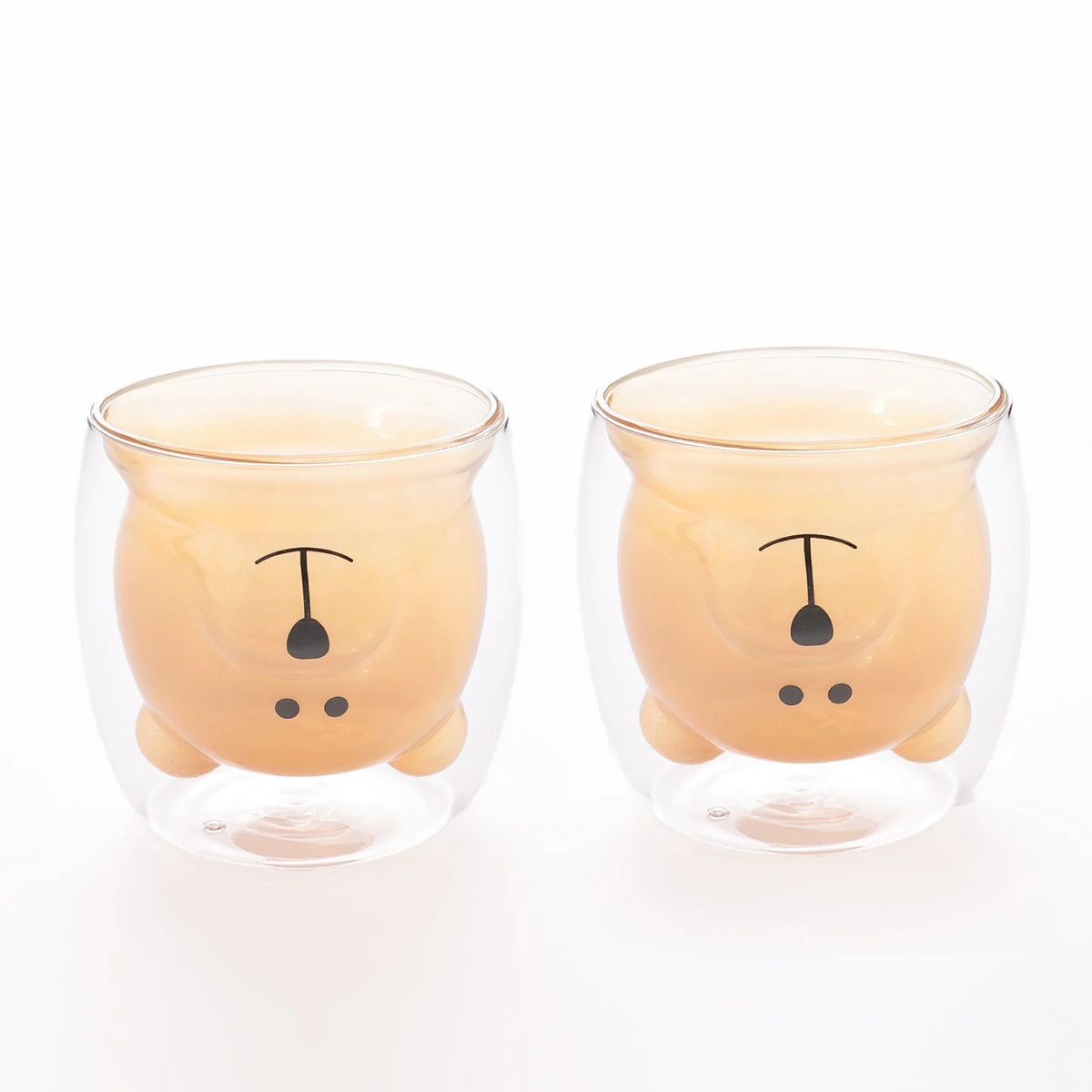 Pack of 2: Cute Teddy Bear Double Walled Borosilicate Glass Mugs, 250 ml, Amber