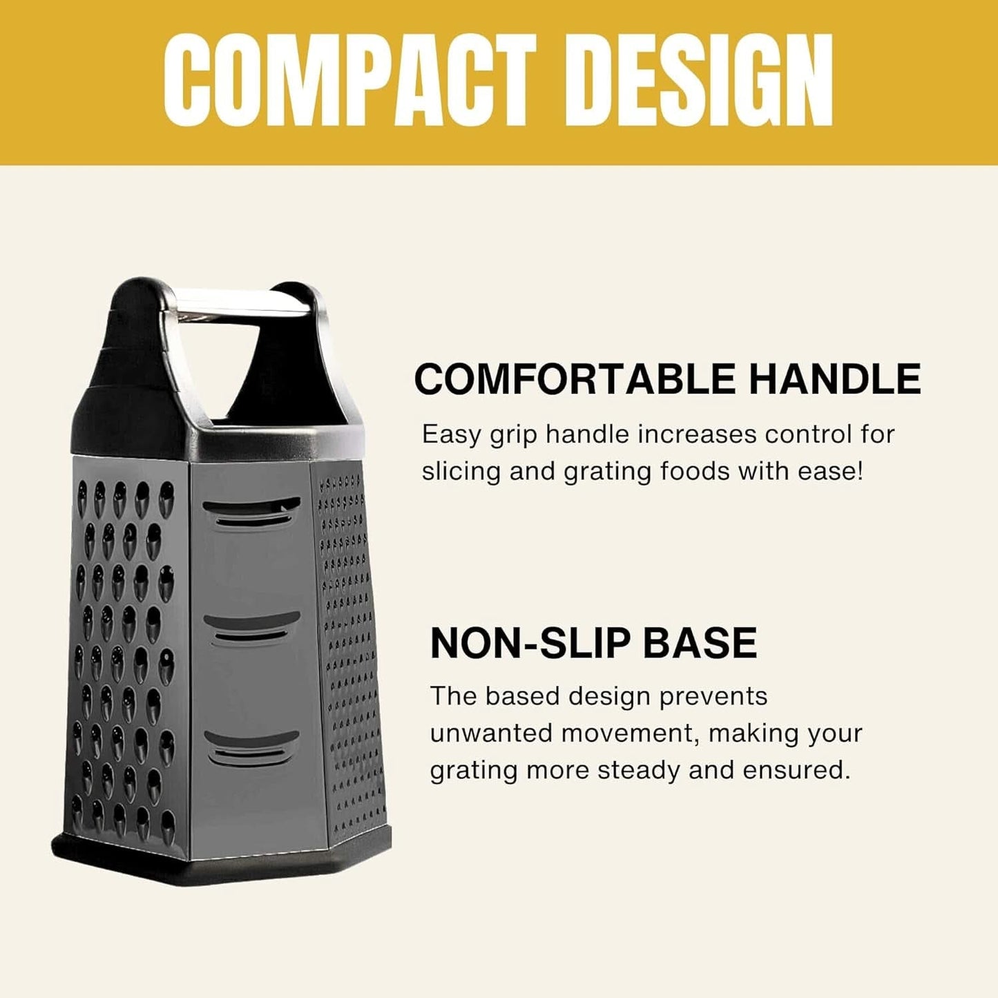 6-in-1 Stainless Steel Box Grater with Handle – Multipurpose All-in-One Shredder for Cheese, Vegetables, and More, Ideal for Grating, Slicing, and Zesting(Black)