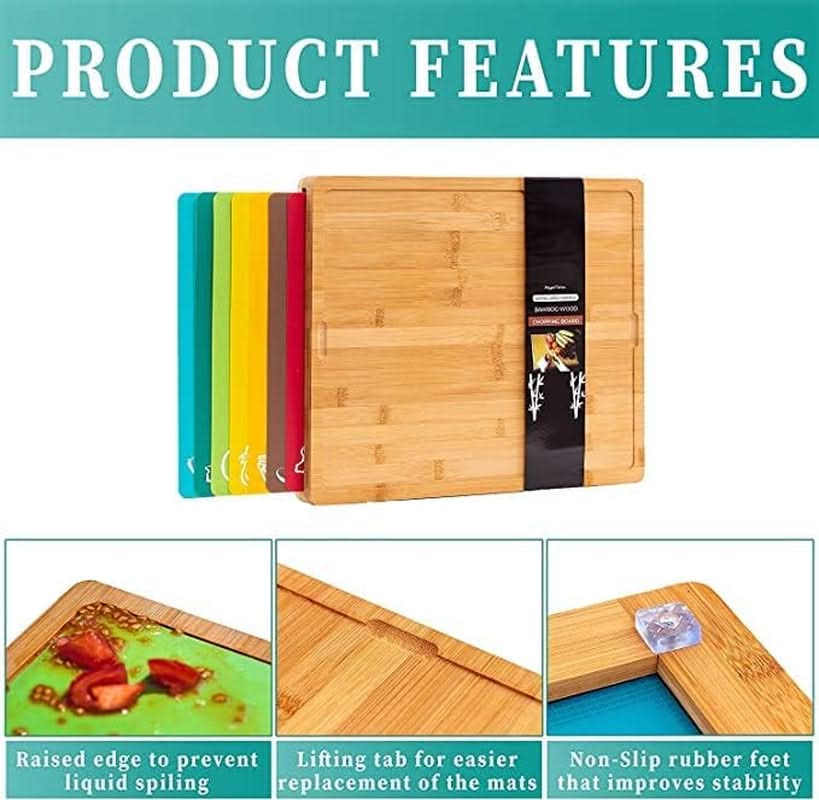 8 in 1 Extra Large Bamboo Wooden Chopping Boards Set with 7 Colour Coded PP Mats (Meat Bread Fish Cheese Dairy) Organic Antibacterial Odour Resistant Dishwasher Safe (42 X 34 X 3.5Cm)
