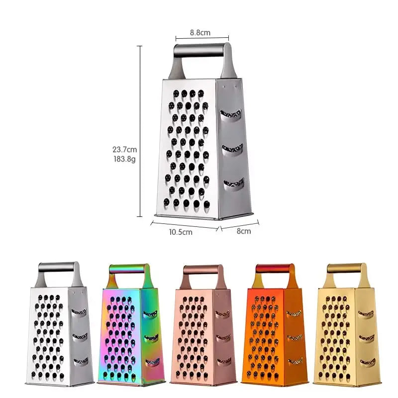 4-Sided Rectangular Stainless Steel Kitchen Grater & Zester with Handle – Versatile Food Shredder for Cheese, Potatoes, Vegetables, and More (Available in Gold, Orange, Rose Gold, Rainbow, and Silver)