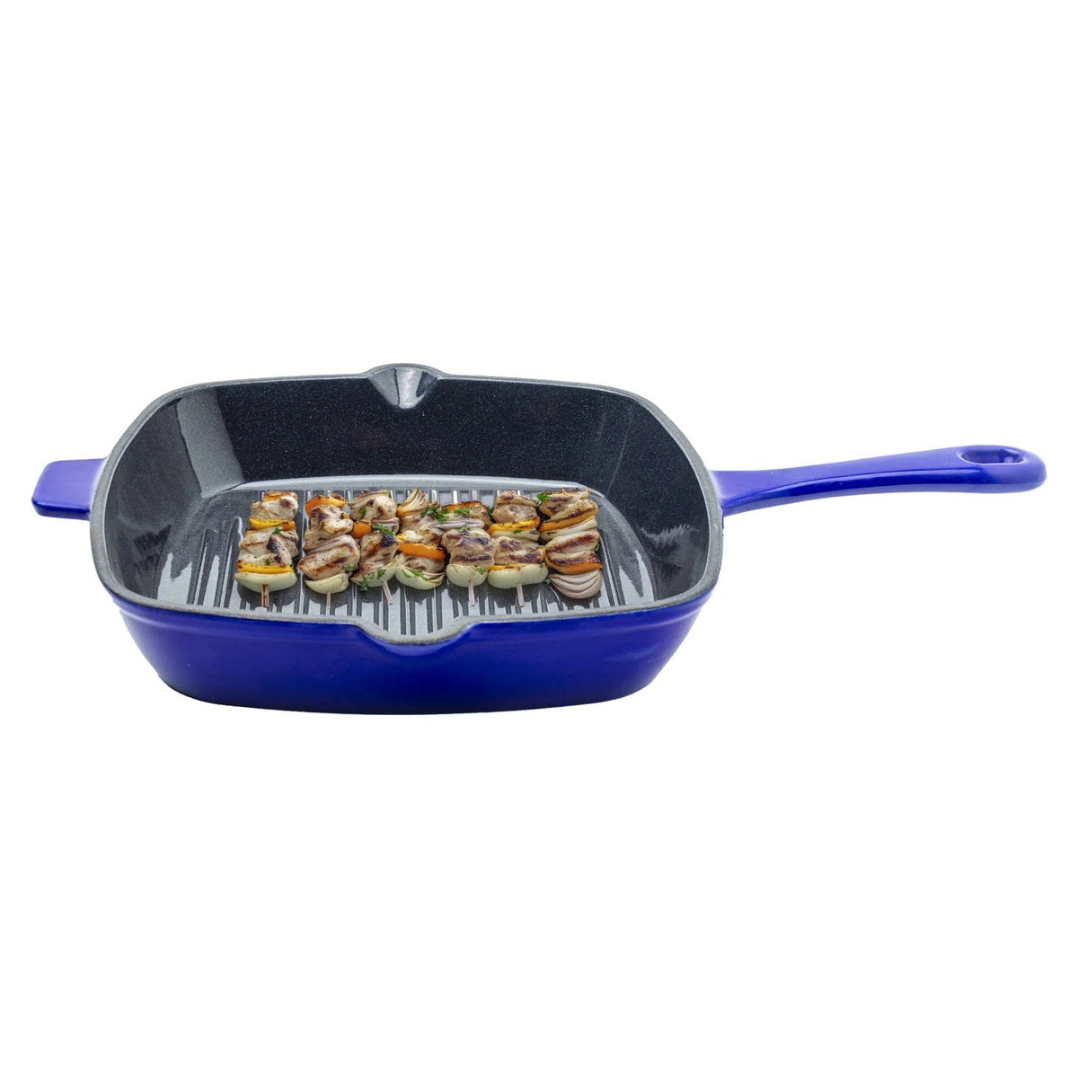Cast Iron Grill Pan 25 cm Enamel Coated Silicon Sleeve Long Handle Gas Induction Blue