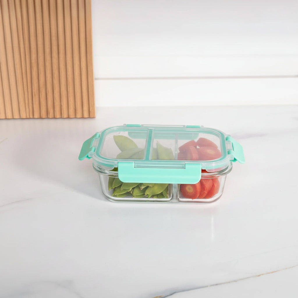Borosilicate Glass Tiffin Box, 1050 ml, Wooden Lid, Leak-Proof, Transparent