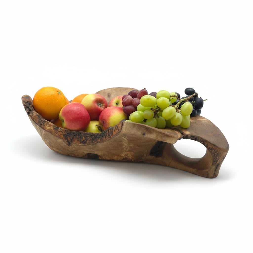 Hand-Carved Olive Wood Fruit Basket | Rustic Centrepiece | 45×28×15 cm