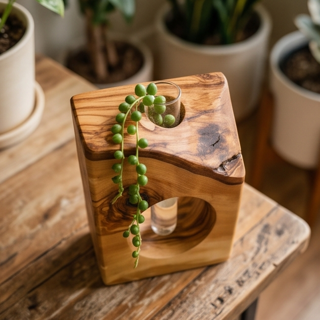 Rustic Olive Wood Propagation Vase | Desktop Plant Tube Vase
