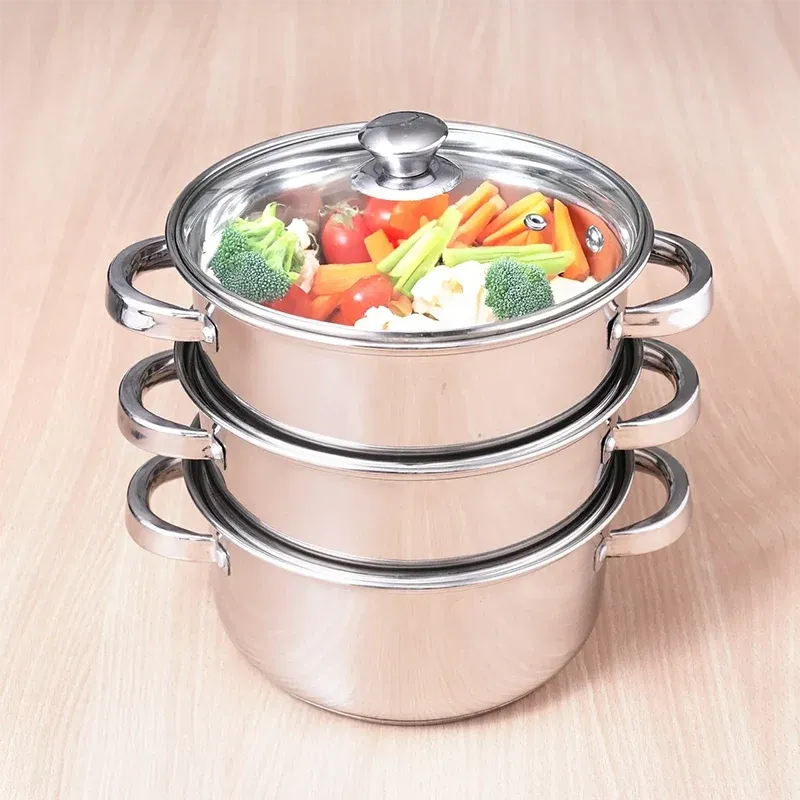 Tri Steel Multi-Purpose Stainless Steel Steamer with Sandwich Bottom Vegetable Steamer Momo Maker 21cm 1.9 kg 3 Tier
