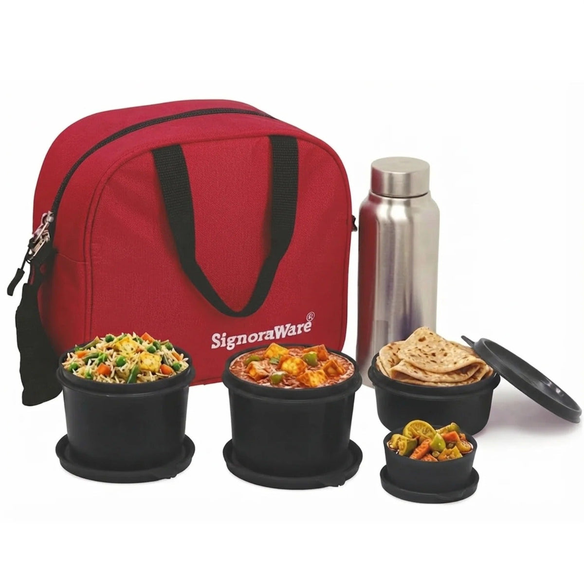 MS Steel Lunch Box with Bottle Black