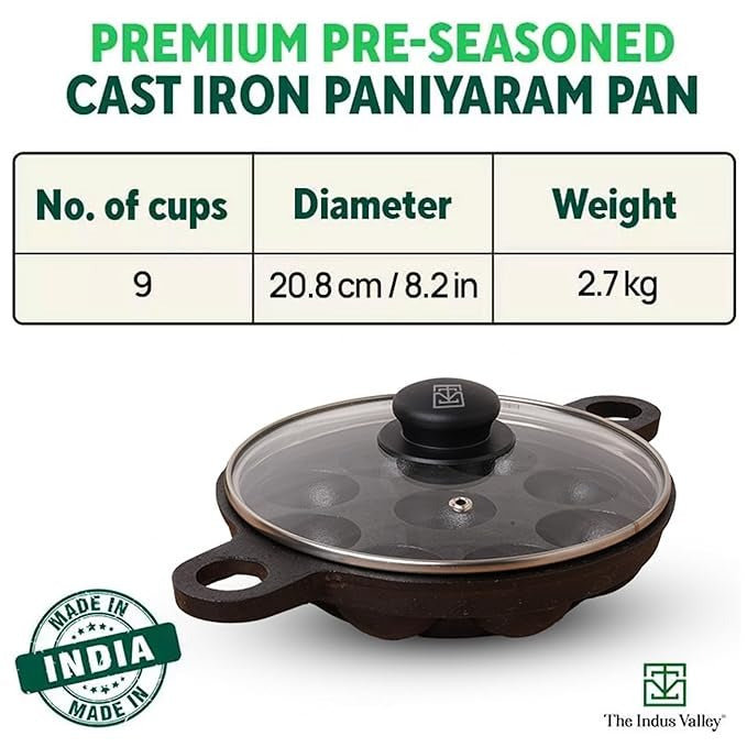 Super Smooth Cast Iron Paniyaram Pan with Glass Lid, 9 Pit, 20.8 cm/8.2 inch, 2.7kg, Gas Compatible