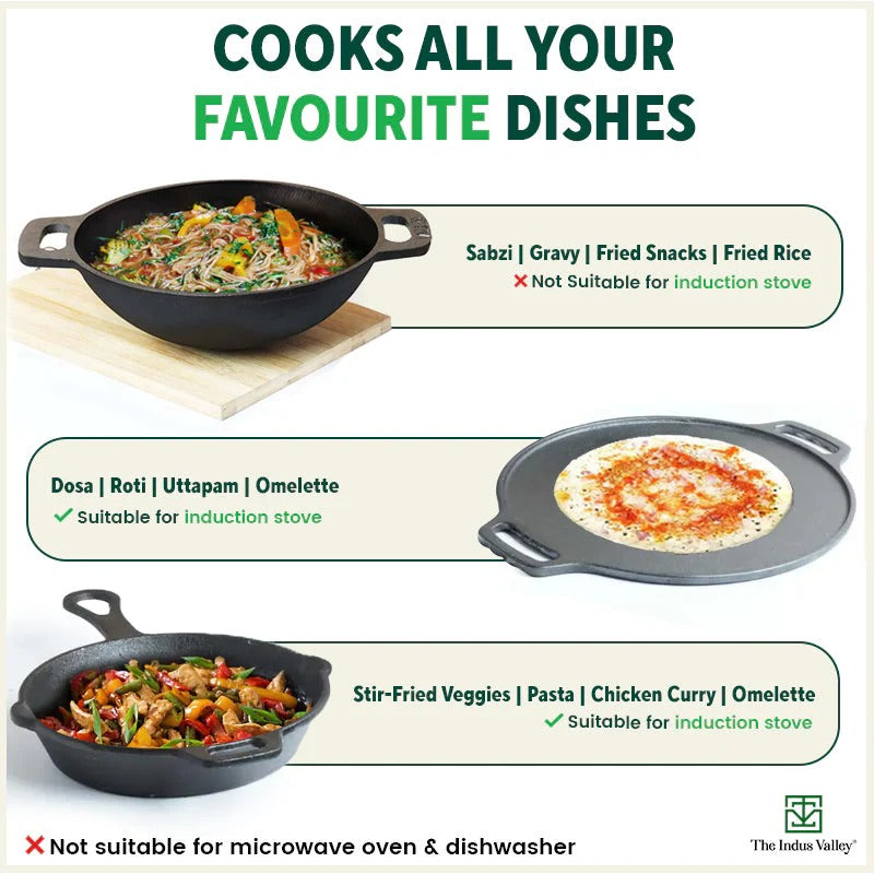 Cast Iron Cookware Set - Tawa + Kadai + Fry Pan + Free Flip