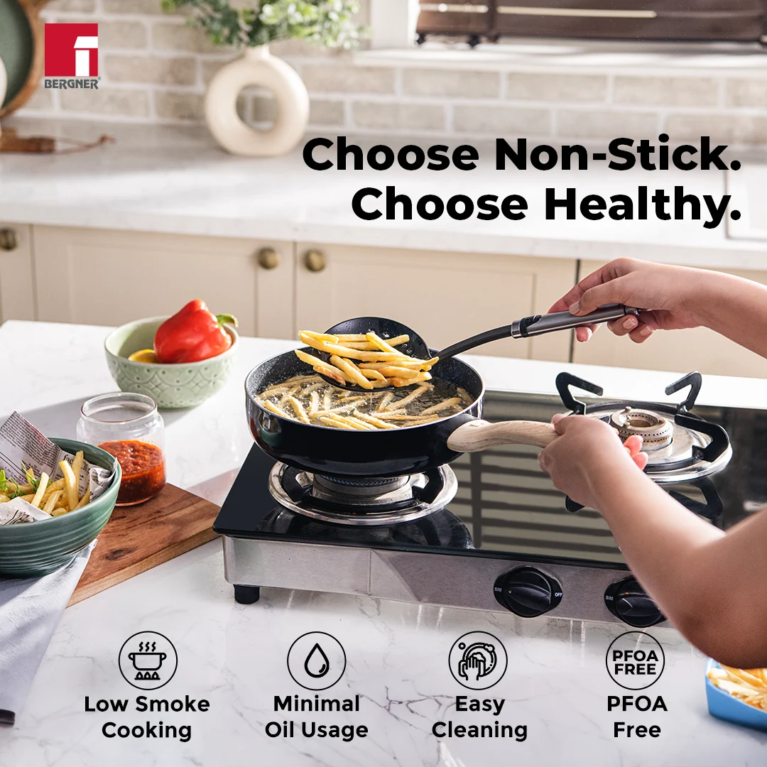 Plus Aura Non-Stick Deep Fry Pan with Lid Induction Black