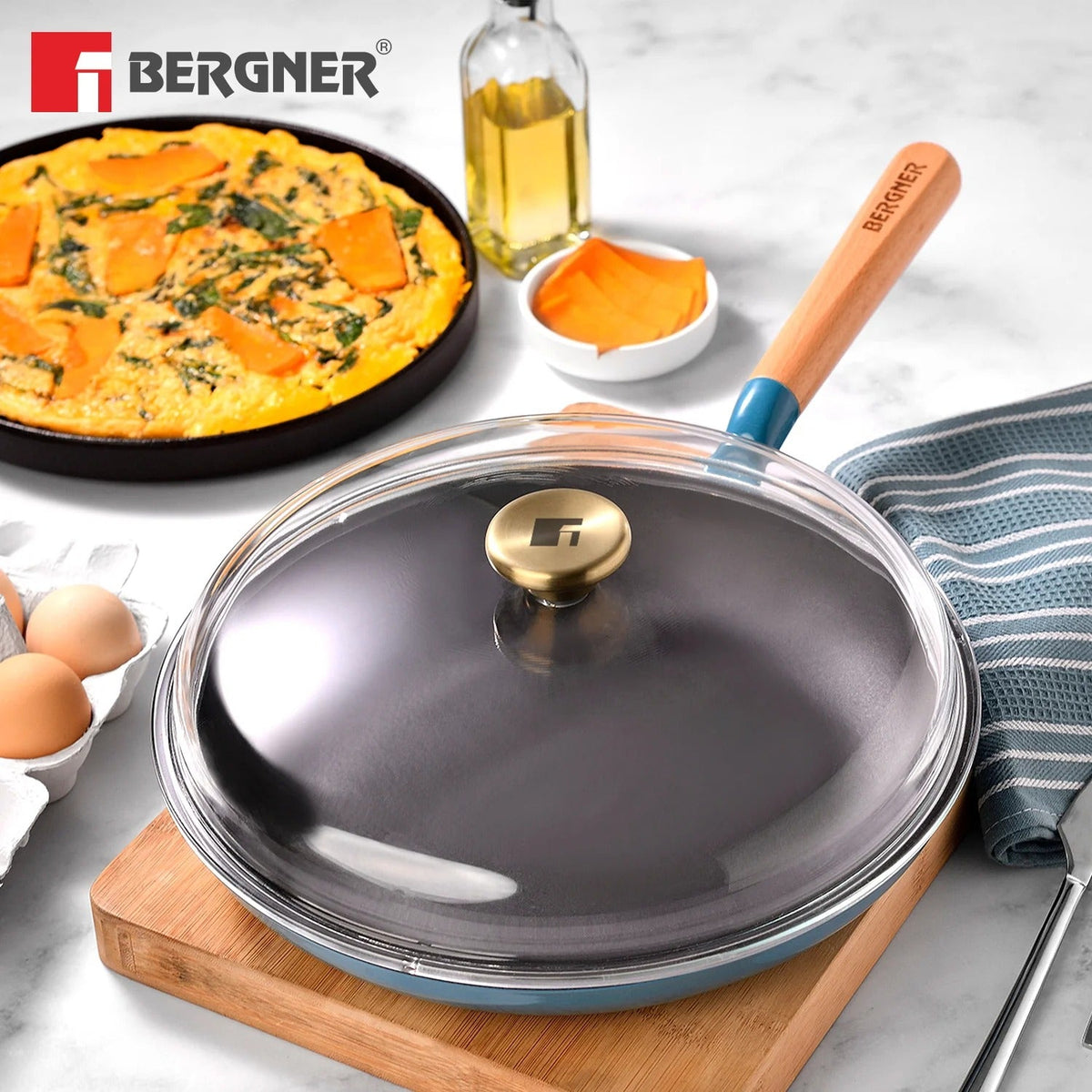 Cast Iron 28 cm Fry Pan with Lid Induction Blue
