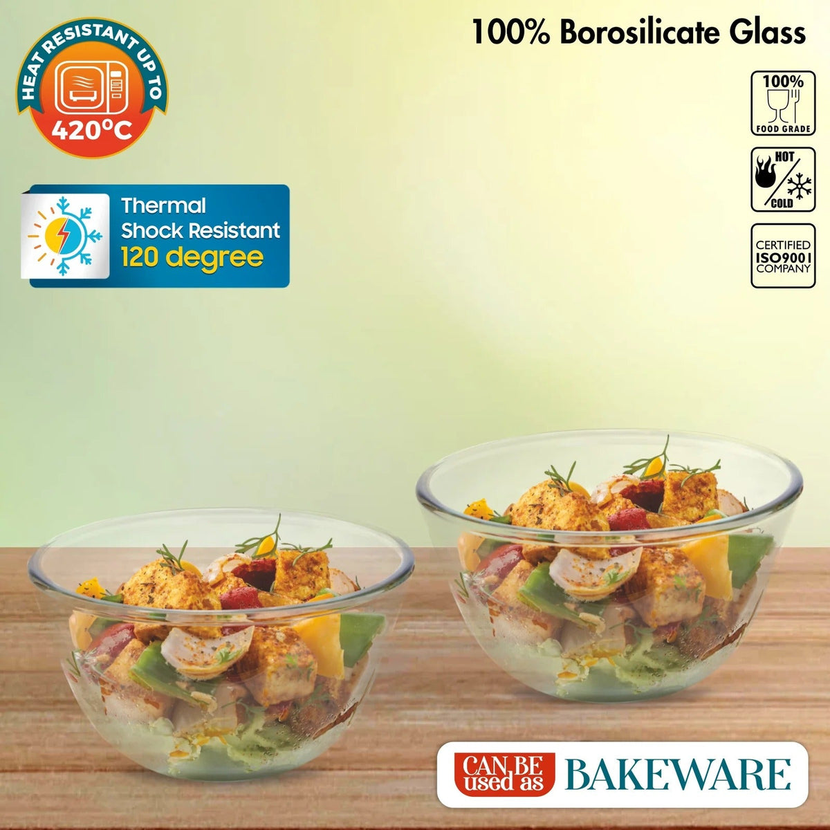 Borosilicate Glass Mixing Bowl Combo Set of 2 Without Lid (500 ml + 500 ml)