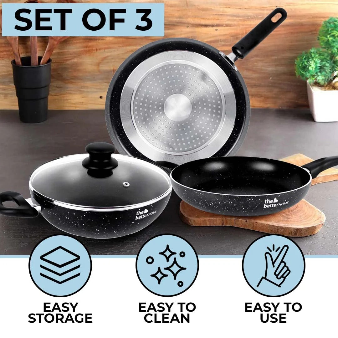 3 Piece Non-Stick Induction Cookware Set 4-Layered Granite Finish Black