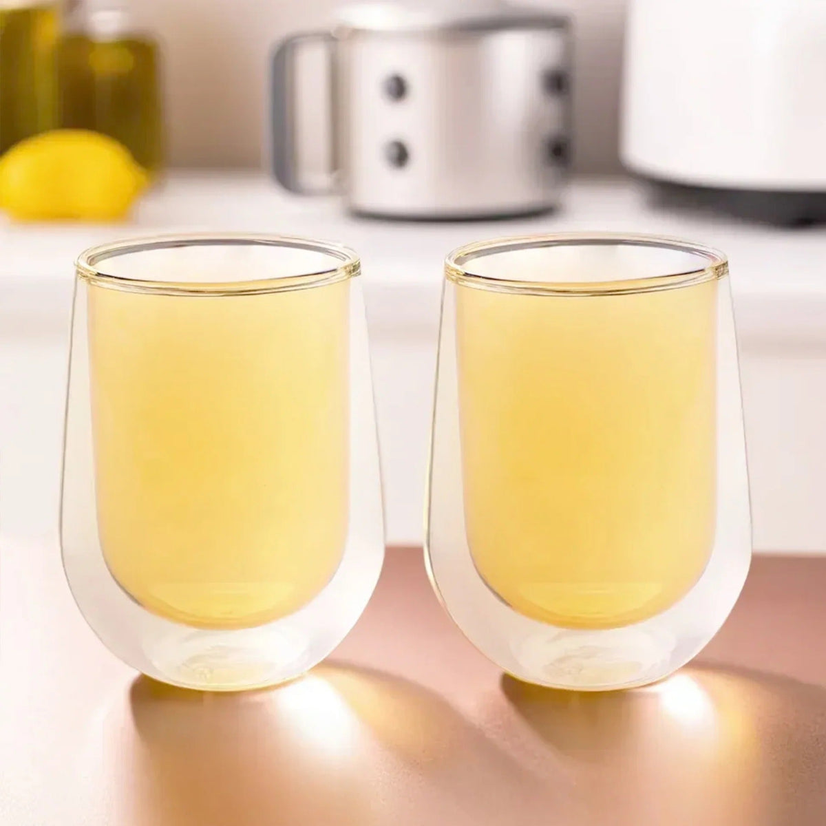 Pack of 2: Double Wall Borosilicate Glass Coffee Mugs, 190 ml, Yellow