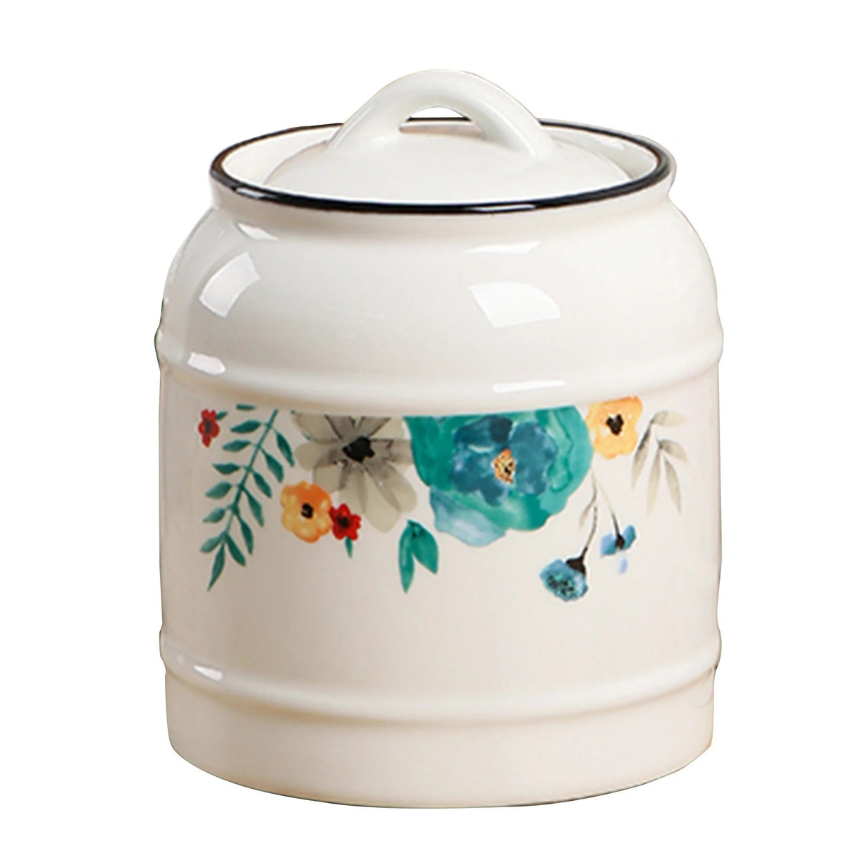 Ceramic Jar 1400 ml with Lid, Airtight, White Printed, Kitchen Storage