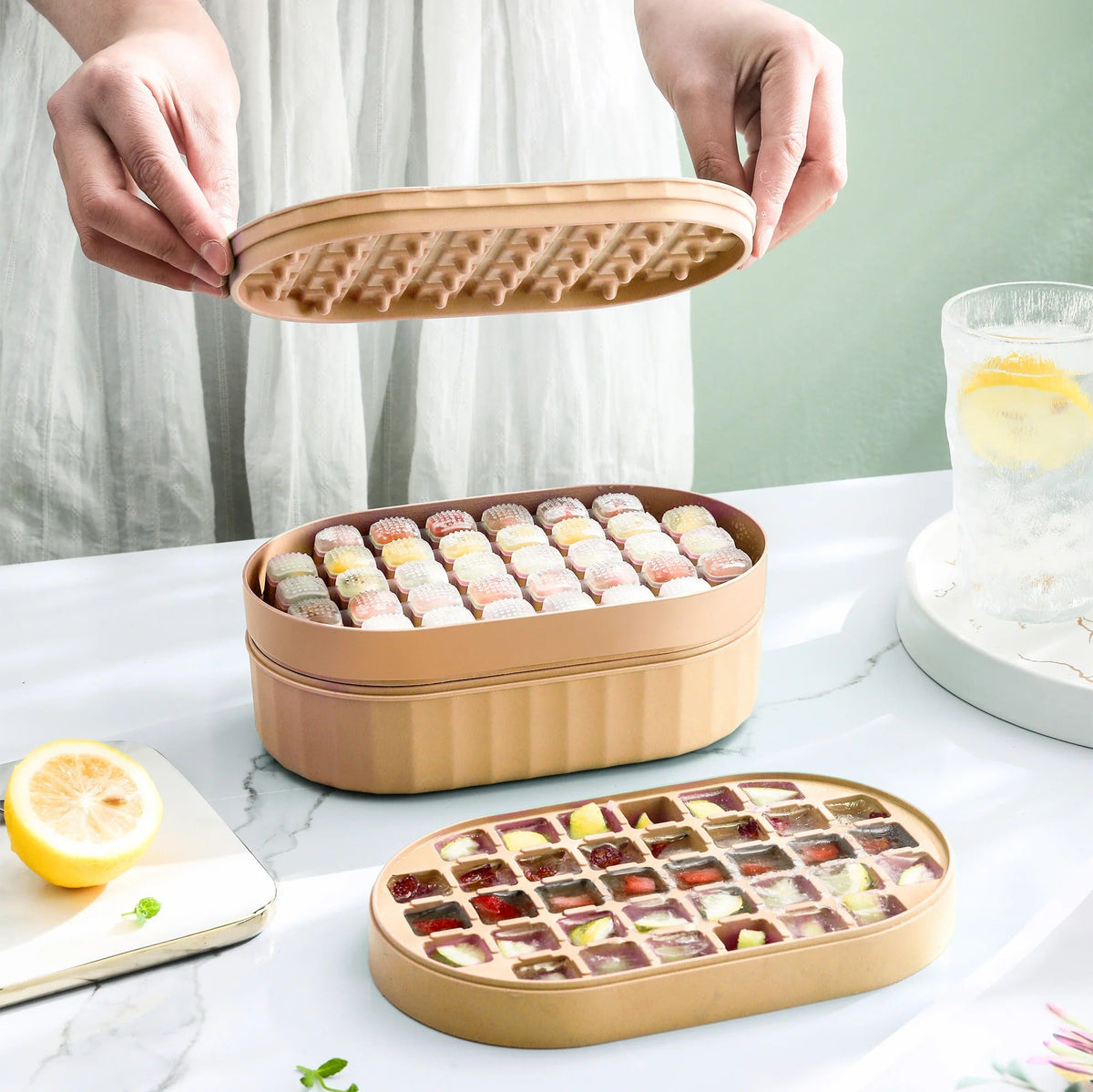 2 Layer Ice Cube Tray, 72 Compartments, Storage Box & Scoop, Yellow