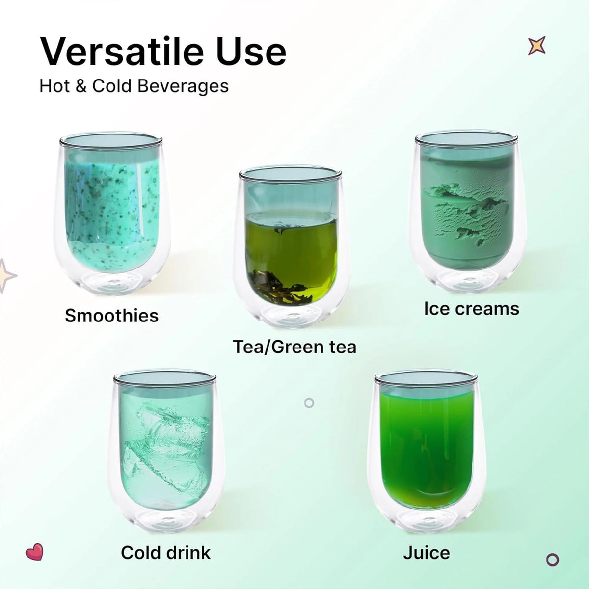 4 Pcs Double Walled Borosilicate Glass 190 ml, Pack of 2, Green
