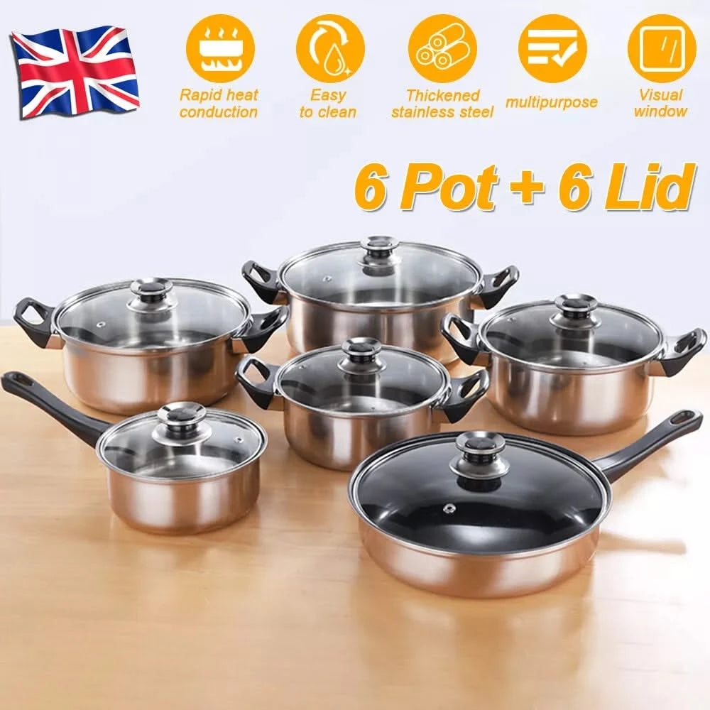12-Piece Stainless Steel Cookware Saucepan Set with Glass Lids – Includes Saucepans and Pots for Kitchen Cooking, Compatible with Induction, Gas, and Electric Hobs