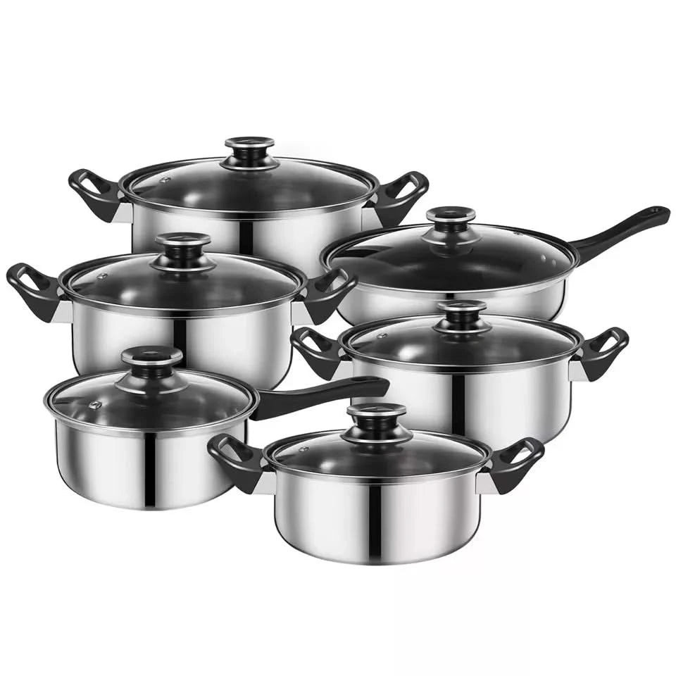 12-Piece Stainless Steel Cookware Saucepan Set with Glass Lids – Includes Saucepans and Pots for Kitchen Cooking, Compatible with Induction, Gas, and Electric Hobs