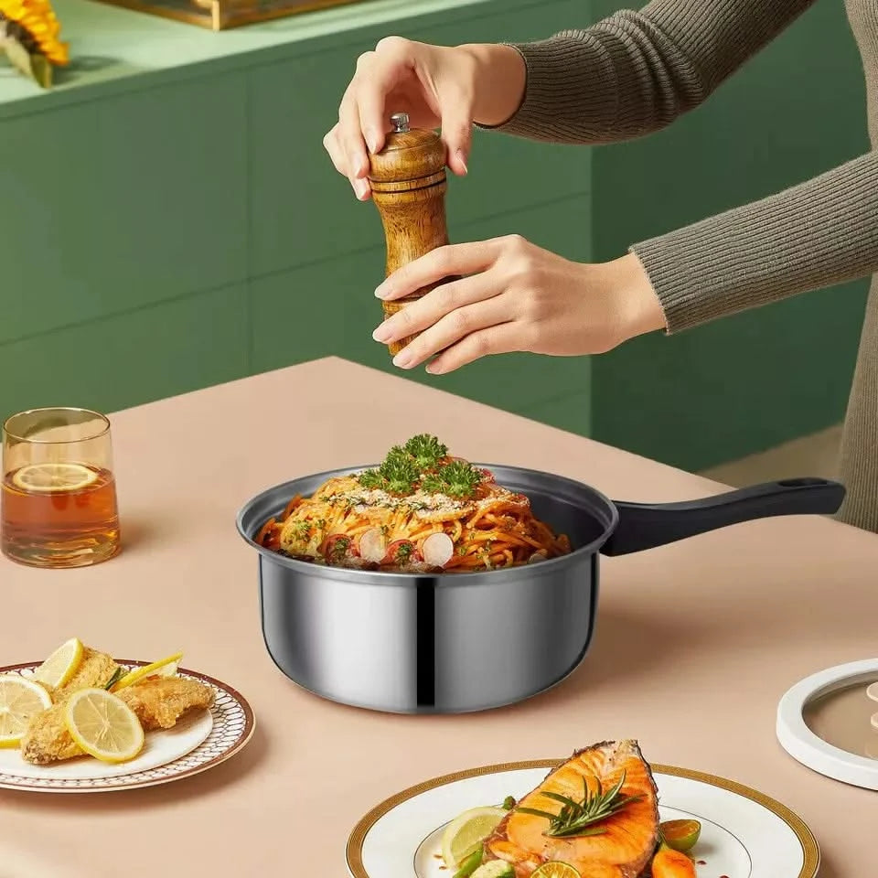 12-Piece Stainless Steel Cookware Saucepan Set with Glass Lids – Includes Saucepans and Pots for Kitchen Cooking, Compatible with Induction, Gas, and Electric Hobs