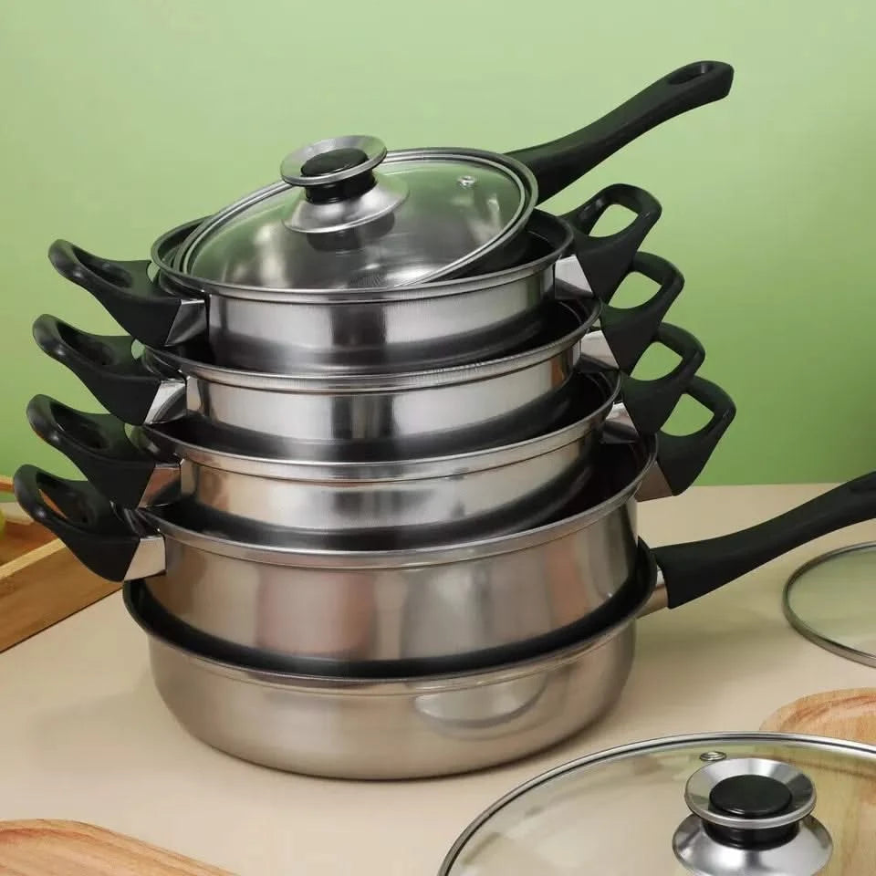 12-Piece Stainless Steel Cookware Saucepan Set with Glass Lids – Includes Saucepans and Pots for Kitchen Cooking, Compatible with Induction, Gas, and Electric Hobs