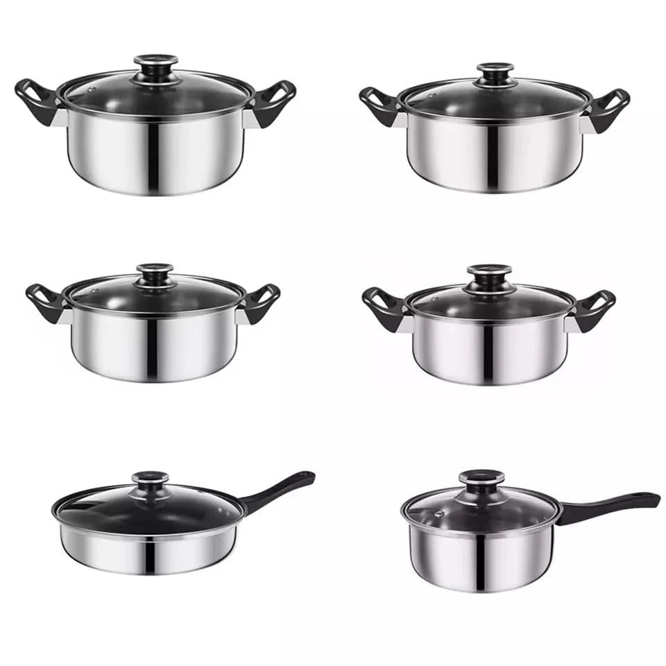 12-Piece Stainless Steel Cookware Saucepan Set with Glass Lids – Includes Saucepans and Pots for Kitchen Cooking, Compatible with Induction, Gas, and Electric Hobs